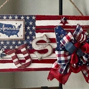 Patriotic USA Wooden Flag Sign with Bow - Red, White & Blue